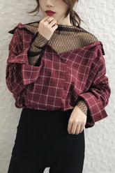 V-Neck Retro Plaid Fishnet Blouse Shirt